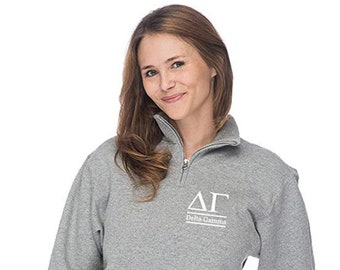 Delta Gamma, Quarter Zip Sweatshirt, Dee Gee Sorority Embroidered QZip Cadet Collar Sweatshirt, 1/4 Zip Pullover, Pledge Gift