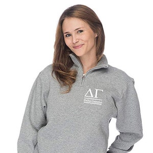 Delta Gamma, Quarter Zip Sweatshirt, Dee Gee Sorority Embroidered QZip Cadet Collar Sweatshirt, 1/4 Zip Pullover, Pledge Gift image 1