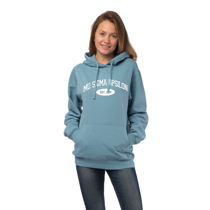 Mu Sigma Upsilon Sweatshirt Mu Sigma Upsilon Hooded Pullover Sweatshirt MSU Pigment Dyed or Solid Color Hoooded Sweatshirt