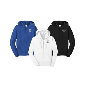 May include: Three zippered hoodies in different colors: royal blue, white, and black. The blue hoodie has a white embroidered "FR" on the left chest. The white hoodie has a purple and gold embroidered "Eagles" on the left chest. The black hoodie has a gold and blue embroidered eagle with wings on the left chest.