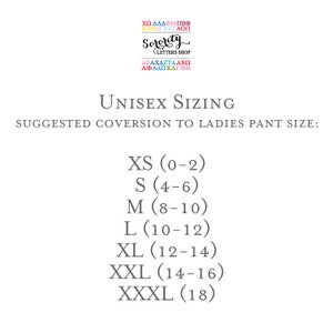 May include: Unisex sizing chart for clothing, showing the conversion from unisex sizes to women's pant sizes. The chart shows sizes XS (0-2), S (4-6), M (8-10), L (10-12), XL (12-14), XXL (14-16), and XXXL (18).