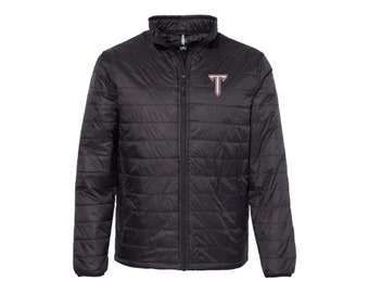 May include: A black quilted jacket with a zipper closure and a red and white embroidered letter "T" on the left chest.