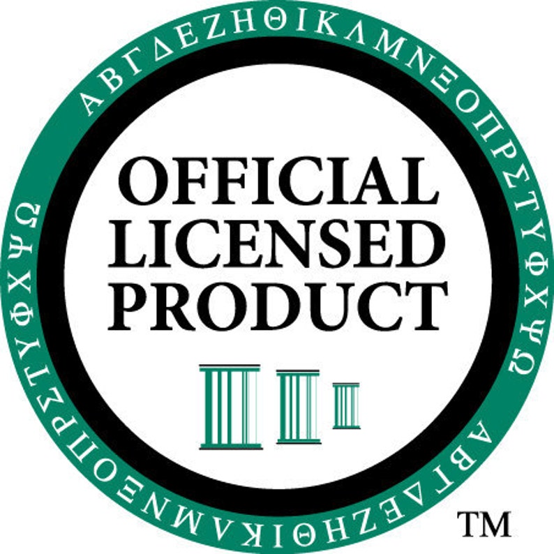 May include: A black and green circle with the text "OFFICIAL LICENSED PRODUCT" in white. The circle is surrounded by a ring of Greek letters in white. The letters are arranged in a circle, starting with "A" and ending with "TM".