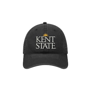 May include: Black baseball cap with a white embroidered logo that says "Kent State" with a yellow sun graphic above the text.