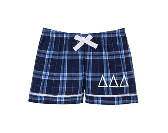 Delta Delta Delta, calzoncillos tipo bóxer de franela, ropa interior para dormir de la hermandad Tri Delta, bóxers, pijamas, ideas para regalos de revelación de Big Little Sis, ropa de espíritu