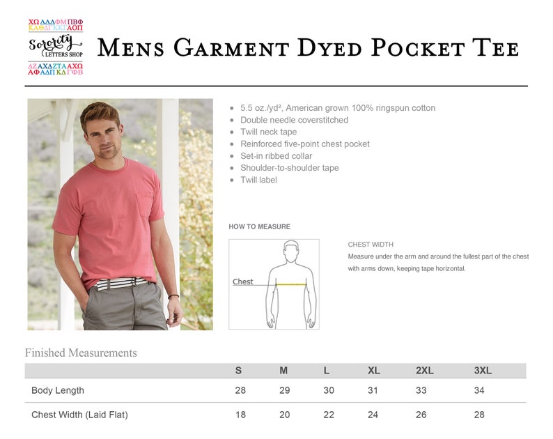 May include: A size chart for a garment dyed pocket tee. The chart shows measurements in inches for body length and chest width (laid flat) for sizes S, M, L, XL, 2XL, and 3XL.