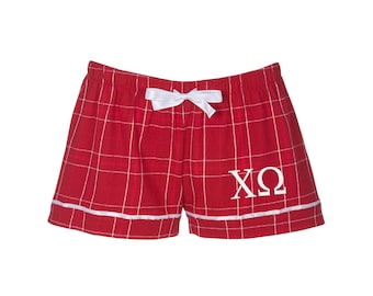 Chi Omega, Flannel Boxer Shorts, CHI O Red Boxers, Sleepwear Pajama Bottoms, Rush bid day pledge gift ideas, big little sis reveal