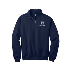 May include: Navy blue quarter-zip sweatshirt with a white and light blue logo that says "THE CITADEL". The sweatshirt has a ribbed collar and cuffs. The zipper is silver. The sweatshirt is made of a soft material.