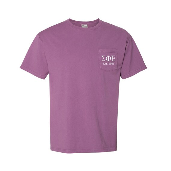 Sigma Phi Epsilon, Short Sleeve Pocket Tee with Est Year, Beach Washed Comfy T-shirt, Vintage Look and Feel
