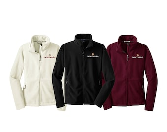 May include: Three fleece jackets in cream, black, and burgundy. Each jacket has a full zipper, a stand-up collar, and the word "WINTHROP" embroidered on the chest. The cream jacket has a maroon logo, while the black and burgundy jackets have a white logo.