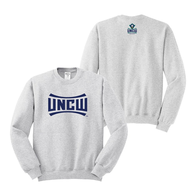 May include: A heather grey sweatshirt with a navy blue UNCW logo on the front and a smaller UNCW logo on the back.