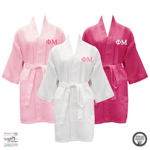 Phi Mu, Short Waffle Weave Bath Robe, Phi Mu short Waffle Weave Robe, Phi Mu Sorority Letter Bath Robe,Phi Mu Greek Apparel, Greek Leters