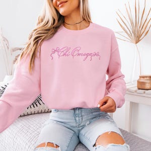 Chi Omega Sorority Embroidered Bow Crewneck Sweatshirt, CHI O Spirit Wear Swag Merch Gear Apparel, Pledge Initiation Gift, Big Little Reveal