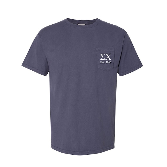 Sigma Chi, Short Sleeve Pocket Tee with Est Year, Beach Washed Comfy T-shirt, Vintage Look and Feel