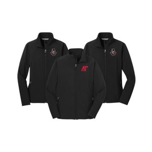 May include: Three black fleece jackets with zipper closures. One jacket has a red "AP" logo embroidered on the chest. The other two jackets have a black and white skull logo embroidered on the chest.