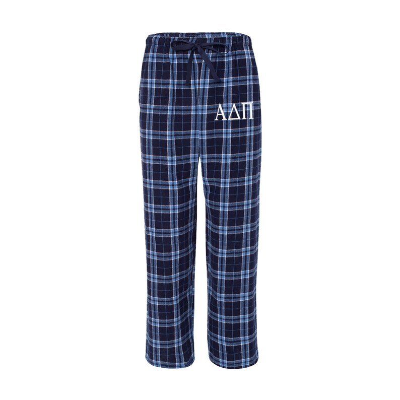 May include: Blue and white plaid pajama pants with a white embroidered Greek letter design that says "A&Delta;&Pi;".