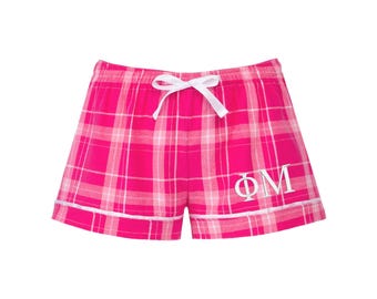 Phi Mu Sorority Flannel Boxer Shorts: Embroidered Loungewear