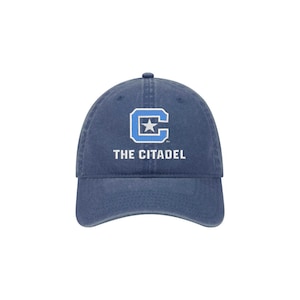 May include: A blue denim baseball cap with a white embroidered "THE CITADEL" logo and a blue "C" with a white star inside.
