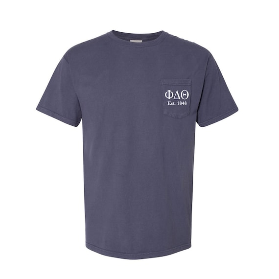 Phi Delta Theta, Short Sleeve Pocket Tee with Est Year, Beach Washed Comfy T-shirt, Vintage Look and Feel