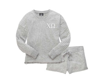 Chi Omega, Cuddle Boxer Crewneck and Boxer Pj Set, Soft Cozy pajamas, CHIO sorority loungewear clothing apparel for women, pledge gifts