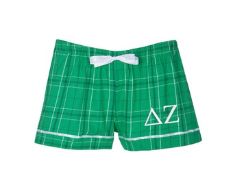 Delta Zeta Sorority Flannel Boxer Shorts, Dee Zee Boxers sleepwear bottoms, New Pledge day rush gift ideas, loungewear big little sis gifts