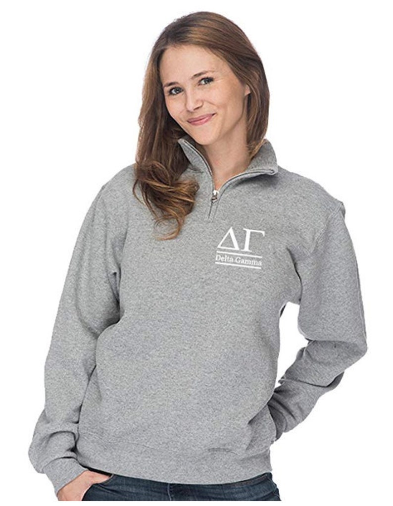 Delta Gamma, Quarter Zip Sweatshirt, Dee Gee Sorority Embroidered QZip Cadet Collar Sweatshirt, 1/4 Zip Pullover, Pledge Gift image 1