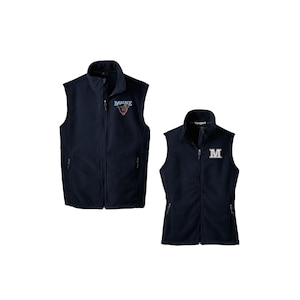 May include: Two navy blue fleece vests with zipper closures. One vest features a black and white wolf head with the word "MAINE" in blue lettering. The other vest has a white "M" on the left chest.