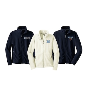 May include: Three fleece jackets in different colors and designs. One is navy blue with the text "University of Maine" embroidered on the chest. Another is white with a blue "M" embroidered on the chest. The third is navy blue with a black and white bear head with the text "Maine" embroidered on the chest.