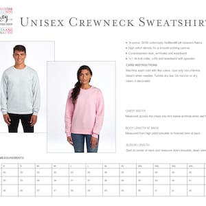 May include: Unisex crewneck sweatshirt in light pink and heather grey. The sweatshirt is made of 8-ounce, 50/50 cotton poly NuBlend pill-resistant fleece. It has a high-stitch density for a smooth-printing canvas. The sweatshirt features a coverseamed neck, armholes, and waistband. The collar, cuffs, and waistband are made of 1x1 rib knit with spandex. The size chart shows measurements in inches for chest width, sleeve length, body length, and length at back.