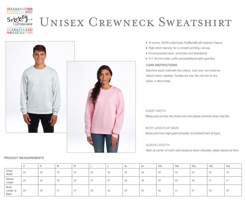 May include: Unisex crewneck sweatshirt in light pink and heather grey. The sweatshirt is made of 8-ounce, 50/50 cotton poly NuBlend pill-resistant fleece. It has a high-stitch density for a smooth-printing canvas. The sweatshirt features a coverseamed neck, armholes, and waistband. The collar, cuffs, and waistband are made of 1x1 rib knit with spandex. The size chart shows measurements in inches for chest width, sleeve length, body length, and length at back.