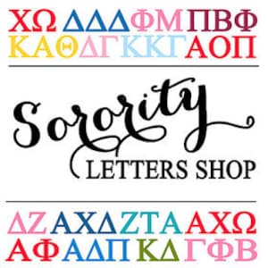 May include: A colourful image with Greek letters and the text "Sorority Letters Shop". The letters are in various colours, including pink, blue, green, yellow, and orange. The letters are arranged in a random order.