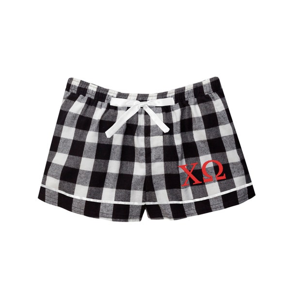 Chi Omega, Flannel Boxer Shorts, CHI O Red Boxers, Sleepwear Pajama Bottoms, Rush bid day pledge gift ideas, big little sis reveal