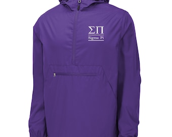 May include: A purple hooded jacket with a zipper closure and a kangaroo pocket. The jacket has a white embroidered logo that says "ΣΠ Sigma Pi".