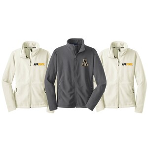 May include: Three fleece jackets, one grey and two white. The grey jacket has a gold "A" embroidered on the chest. The white jackets have "APPSTATE." embroidered on the chest.