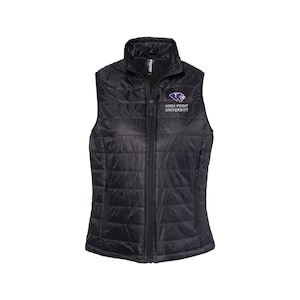 May include: Black quilted vest with a zipper closure and two zippered pockets. The vest has a High Point University logo embroidered on the left chest.