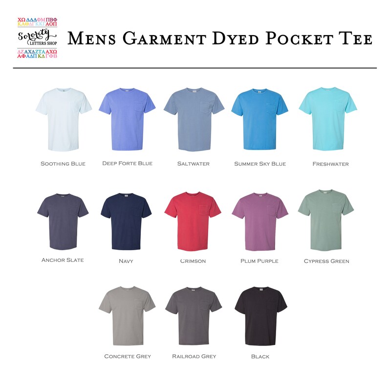 May include: A selection of garment dyed pocket tees in various colours, including soothing blue, deep forte blue, saltwater, summer sky blue, freshwater, anchor slate, navy, crimson, plum purple, cypress green, concrete grey, railroad grey, and black.