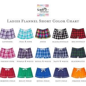 May include: Color chart showing 15 different plaid flannel short styles. The shorts are all the same style, but in different colors and patterns. The colors include lavender, teal and pink, neon, black buffalo, red buffalo, orchid pink, purple and white, royal and white, navy and white, blackwatch, crimson field, kelly field, royal field, navy field, and orange field.