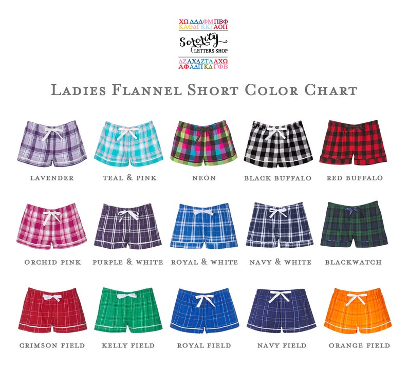 May include: Color chart showing 15 different plaid flannel short styles. The shorts are all the same style, but in different colors and patterns. The colors include lavender, teal and pink, neon, black buffalo, red buffalo, orchid pink, purple and white, royal and white, navy and white, blackwatch, crimson field, kelly field, royal field, navy field, and orange field.
