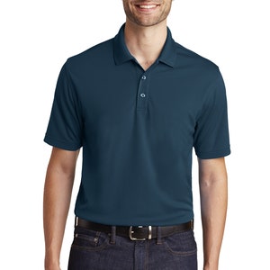 May include: A dark blue short-sleeved polo shirt with a button-up collar.