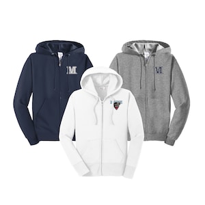 May include: Three zippered hoodies in navy blue, white, and heather gray. The navy blue and heather gray hoodies have a white embroidered "M" on the left chest. The white hoodie has a blue and white embroidered bear head with the text "Bears" on the left chest.