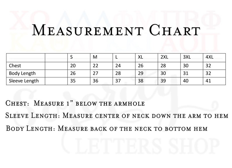 Peut inclure: Un tableau des tailles pour les v&ecirc;tements avec des mesures en pouces pour la poitrine, la longueur du corps et la longueur des manches. Le tableau comprend les tailles S, M, L, XL, 2XL, 3XL et 4XL. Le texte sous le tableau indique "CHEST: MEASURE 1" BELOW THE ARMHOLE", "SLEEVE LENGTH: MEASURE CENTER OF NECK DOWN THE ARM TO HEM", et "BODY LENGTH: MEASURE BACK OF THE NECK TO BOTTOM HEM".