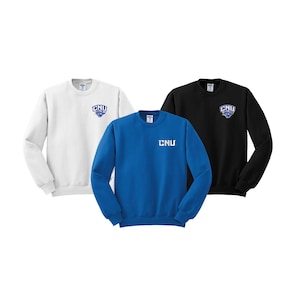 May include: Three crewneck sweatshirts in white, royal blue, and black with the CNU logo embroidered on the front. The logo is a blue and white stylized letter C with a stylized eagle inside the letter.