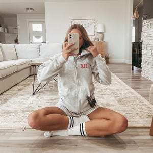 Chi Omega Embroidered Full Zip Hoodie, Chi Omega Apparel Clothing, Chi Omega Spirit Wear Swag Merch Pledge Bid Day Gift