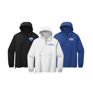 May include: Three different color windbreakers with the Christopher Newport University logo. The windbreakers are black, white, and blue.