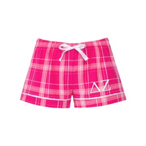 Delta Zeta Sorority Flannel Boxer Shorts, Dee Zee Boxers sleepwear bottoms, New Pledge day rush gift ideas, loungewear big little sis gifts