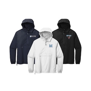 May include: Three pull-over jackets in navy blue, white, and black. The jackets have a zippered front, a hood, and a kangaroo pocket. The navy blue jacket has the word "MAINE" embroidered on the left chest. The white jacket has a large "M" embroidered on the left chest. The black jacket has a wolf head logo with the word "MAINE" embroidered on the left chest.