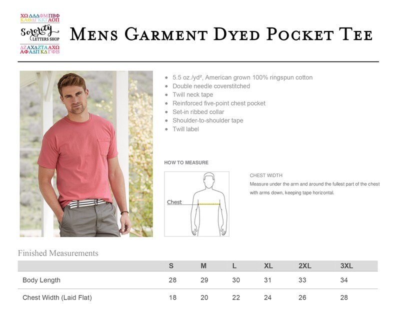 May include: A size chart for a garment dyed pocket tee. The chart shows measurements in inches for body length and chest width (laid flat) for sizes S, M, L, XL, 2XL, and 3XL.