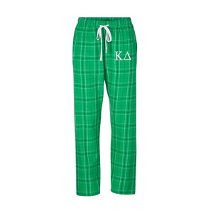 May include: Green and white plaid pajama pants with a white "KA" monogram.