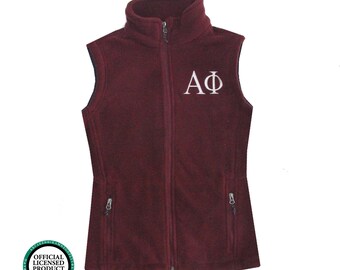 Alpha Phi Fleece Vest, Alpha Phi Zip Up Vest, Greek Apparel, Sorority Letters, Greek Fleece Vest, Officially Licensed Product