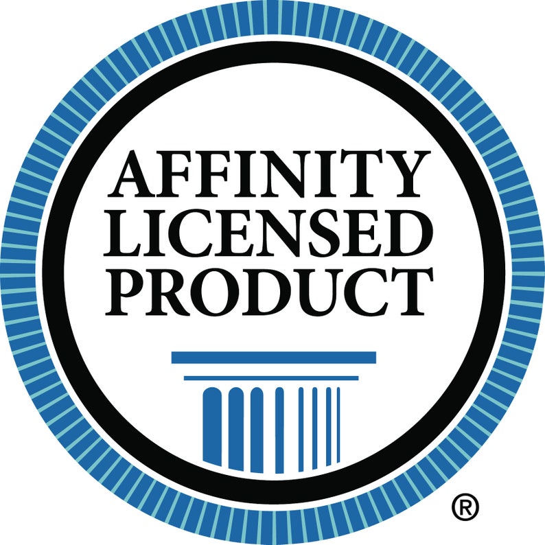 May include: A blue and white circular seal with the text "AFFINITY LICENSED PRODUCT" in black lettering. A stylized column with blue pillars is below the text. The seal has a black border and a blue and white ring around the outer edge. The letter "R" in a circle is in the lower right corner.